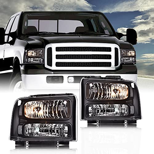Pit66 Headlights, Compatible With 99-04 Ford F250 F350 F450 F550 Super Duty/00-04 Ford Excursion Clear Lens Black Housing Clear Reflector With Harness #TOP3