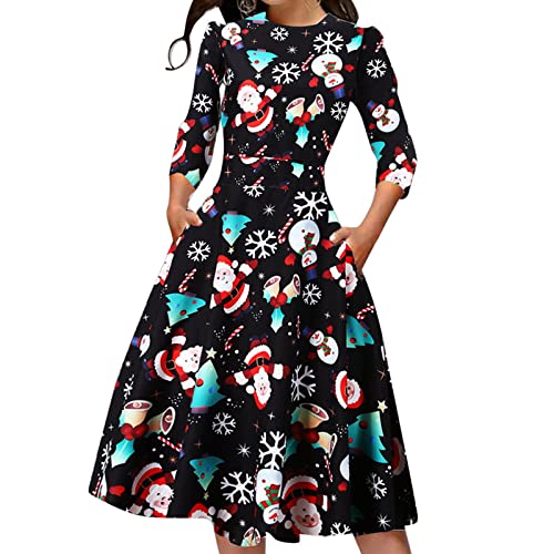 Weihnachtskleid Damen Elegant - Kleid Weihnachten Partykleid Weihnachts Kleider Damen Knielang mit Weihnachtsmotiv Lustig A Linie Freizeitkleid...