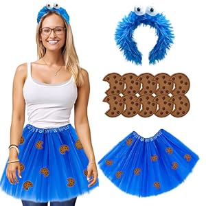 BOOSHMall Krümelmonster Kostüm Damen, Krümelmonster Accessoires Blauem Tüllrock, Cookie Haarreif, Keks Kostüm Cookie Aufkleber für Fasching Karneval Halloween Maskerade Cosplay