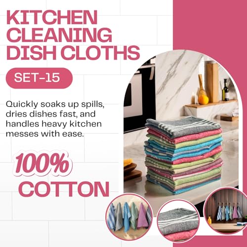 Image of 15 Pcs Dishcloths | 12x16 Inches | Bulk Cotton Kitchen Cleaning Dish Cloths | Scrubbing Wash Cloth Sets | Multipurpose Cloth | 100% Cotton. (Multicolor, Set of 15)