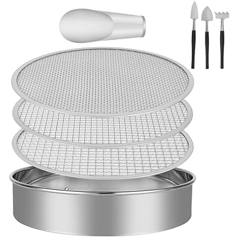 LABALPHA Soil Sifter for Gardening Set, Stainless Sifting Pan Soil Sand Sieve with 4pcs Garden Shovels, 9.84" Sifting Pan Contain 3 Sieve Mesh (0.118", 0.236",0.354") Cover