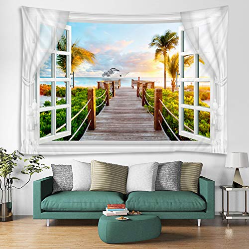 Wodejia Fabric Tapestry Decor Wall Art Tapestries Bedroom Hall Dorm Living Room Hanging Bedding 79 X 59 Inches Window Seascape Sunset Print #TOP3