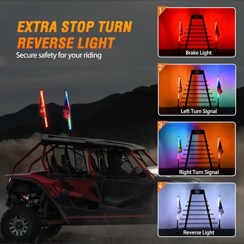 Image of Nilight 2PCS 2FT RGB LED Whip Light with Extra Stop Turn Reverse Lights, Remote & App Control, DIY Chasing Patterns, Safety Antenna Lighted Whips for ATV UTV Polaris RZR Can-am