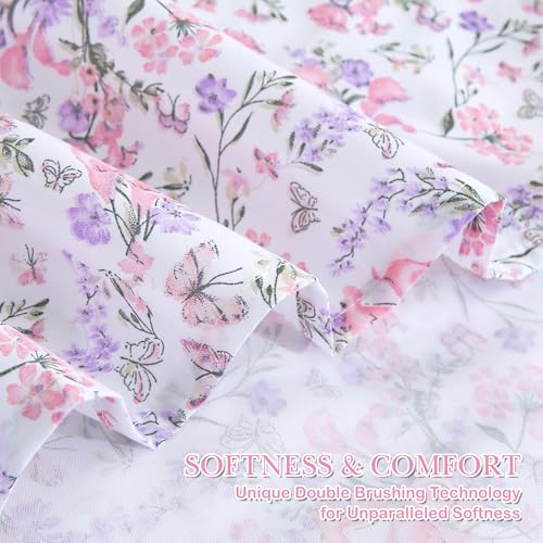 Image of Mooreeke Cozy Vintage Microfiber Printed King Sheet Set - Soft Breathable Percale Cotton Floral Bed Sheets with Deep Pocket - Non-Slip Fitted Design - Pink Purple Flowers Pattern