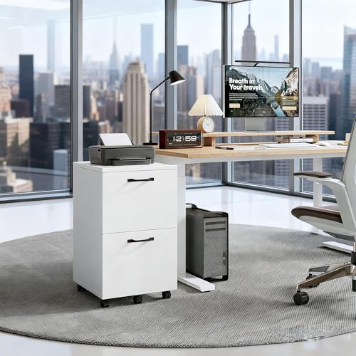 Image of 2 Drawer Filing Cabinet, Wood Rolling Filing Cabinets with Printer Stand, Under Desk Storage Lockable Wheels, Home Office Organizer for A4 Letter Legal Size Documents,White