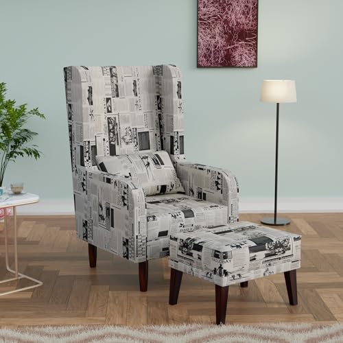 Image of Custom Decor Wooden Wing Chair with Ottoman Stool | Wingback for Living Room | One Seater Sofa | High Density Foam | Accent Chair for Seating, Home Decor Furniture | (Vintage Newsprint, with Ottoman)