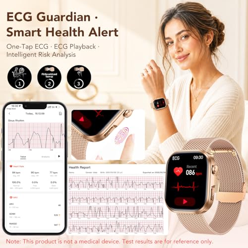 Smartwatch Damen mit EKG 𝐇𝐑𝐕 Blutdruck Herzfrequenz: Smart Watch Gold 𝐄𝐂𝐆 Gesundheitsuhr 1… – Ansicht 2