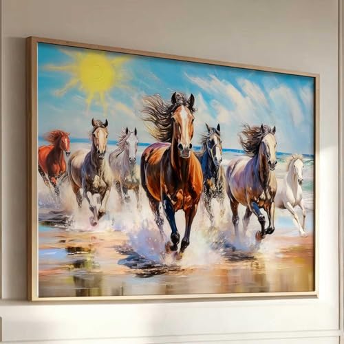Image of HOTHOUSE Seven Running Vastu Lucky Horse Rising Sun Painting Wall Decor | 7 Horses Vastu Frame Wall Art Painting for Living Room Bedroom Office Home Decor Size (13X17 inch)