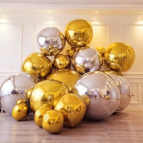 Image of Gold Round Foil Balloons 32 Inch 5 Pcs 4D Ball Balloons Metallic Golden Balloon Ornament Mylar Balloon Chrome for Birthday Graduation Wedding Anniversary New Year Disco Party Decorations