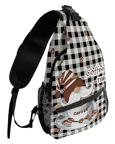 Sling Backpack, COFFEE TIME Gnome and Coffee Cup Black and White Plaid Waterproof Lightweight Small Sling Bag, Travel Chest Bag Crossbody Shoulder Bag Hiking Daypack for Women Men