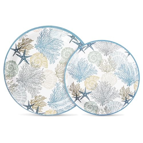 Elyxio 48 Pcs Ocean Party Plates Summer Beach Paper Plates Nautical Coastal Coral Starfish Seashell Decorative Disposable Plates for Party Decorations Supplies (Ocean Blue)