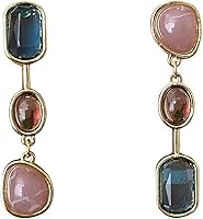 GIGBPBDK Boho Asymmetric Crystal Tassel Earrings - Colorful 3-Layer Gemstone Long Dangle Drop, Vintage French Jewelry for Women