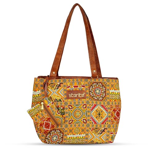 Image of Storite Women's Tote Bag with Leather Handles & Embroidery Printed Handbag with Zip Pockets, Shoulder Tote Bag and Handbag for Office and College