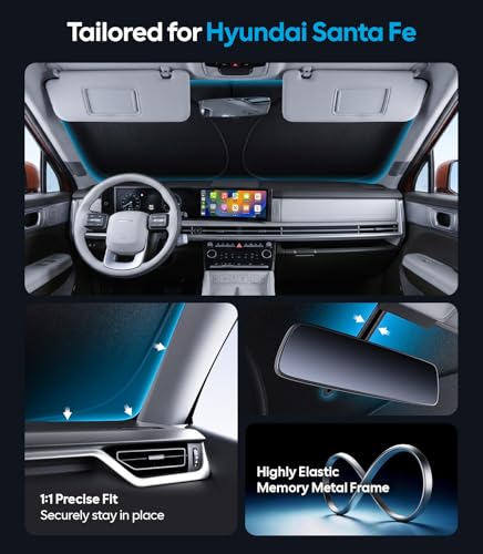 Image of for Hyundai Santa Fe Windshield Sunshade [OEM Design, 100% Sun Blockage] Foldable Heat Insulation Sun Shade with Storage Bag, for Hyundai Santa Fe (2019-2026), Silver Coating