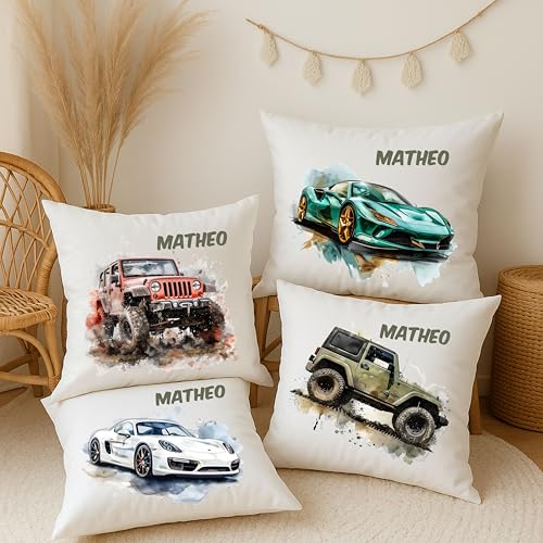 wolga-kreativ personalisiertes Kissen mit Namen mit Füllung – Auto Motive für Jungen – Rennwagen, Geländewagen & Monstertruck – Geschenk zur Geburt, Taufe & Geburtstag