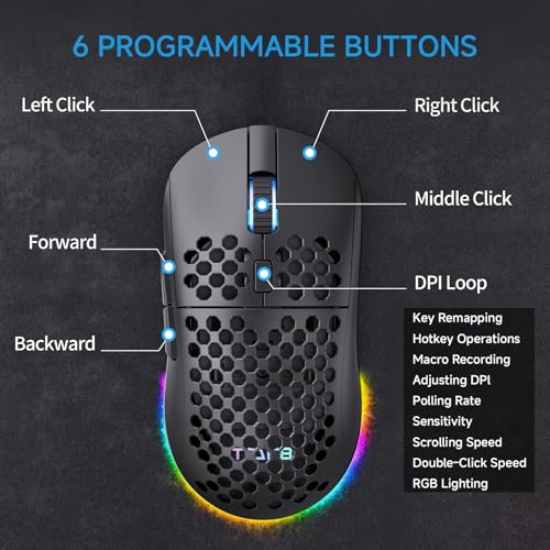 Image of TMKB Falcon M1 Wireless Gaming Mouse, 24000 DPI, 180-Hour Battery, Black | Optical Sensor, 90g Ergonomic Honeycomb Design, 6 Programmable Buttons, RGB Strip, 2.4GHz, BT5.2 and USB-C Wired Connectivity