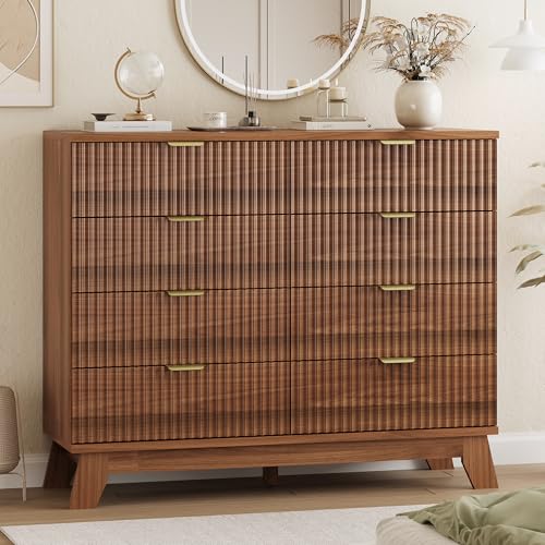 Image of Xixini Fluted Dresser for Bedroom with 8 Drawers, 48 inch Wide Modern Chest of Drawers with Metal Handle, Wooden Dresser TV Stand, Wood Closet Clothes Storage Organizer for Living Room, Hallway, Walnut