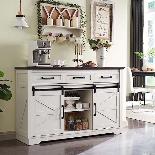 Rustic Farmhouse Buffet Cabinet, 53 with Sliding Barn Door, White