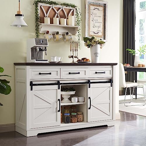 SinCiDo Farmhouse Buffet Cabinet, 53” Sideboard Cabinet w/3 Drawer, Rustic Storage Cabinet w/Sliding Barn Door, Coffee Bar for Dinning Room, Kitchen, Hallway, and Living Room, White