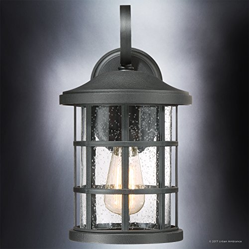 Image of Urban Ambiance Luxury Craftsman Outdoor Wall Light, Medium Size: 14.25 inch H x 8 inch W, with Tudor Style Elements, Wrought Iron Design, Natural Black Finish and Seeded Glass, UQL1042