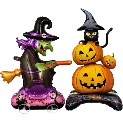 mefeny ハロウィン バルーン 風船 カボチャ 装飾 大きい 2点セット 黒猫 巫女 輪付き 自立 アルミ 約120p 割れにくい 屋外 玄関 お店 パーティーグッズ イベント デコレーション (巫女主題)