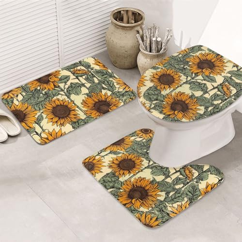 Dwrepo Romantic Sunflowers Print Bathroom Rug Set 3 Piece with Non-Slip U-Shaped Contour Mat and Toilet Lid Cover for Bathroom Decoration