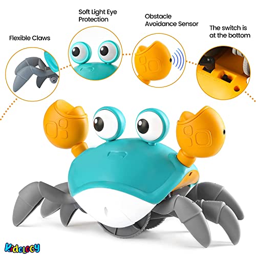 Image of Kidology Crawling Crab Infant Tummy Time Toys for Kids | Kids Electronic Musical Light Up Toy with Automatically Avoid Obstacles Build in Rechargeable Battery, Blue