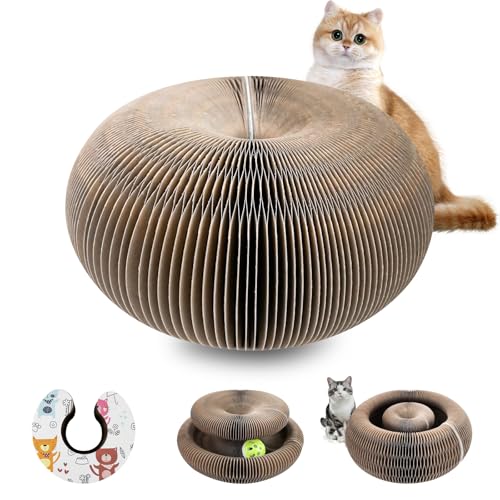 Lectorias Rascador para Gatos, Grandes Rascadores Scratcher, Gato Arañazos Carton Corrugado con Bola de Campana de Juguete, Rascadoras Plegable de Cartón, Magic Organ Scratching Board