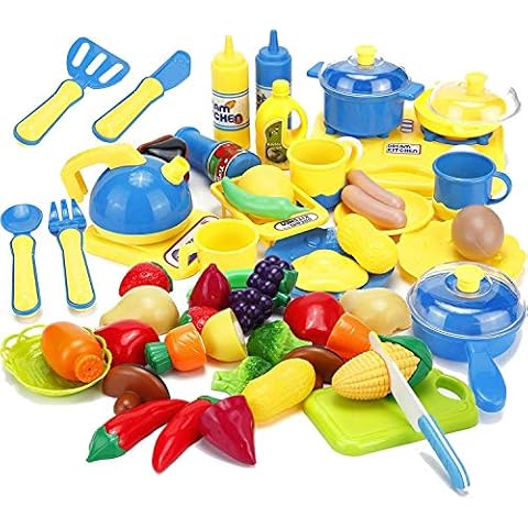 koolbitz 43 Pieces Kitchen set Cooking Toys Dinner set Cutting Fruits Vegetables Pretend Play Food Playset, Cookware Utensils Stove Toys Kids Girls Boys Gifts Learning Educational, Pack of 43 Pieces Cover