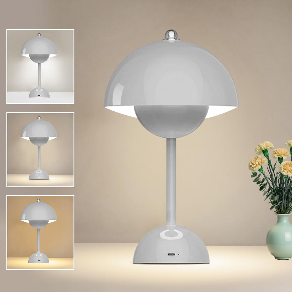 LOMUG LED Flowerpot Tischlampe, Pilzlampen Tischlampe, Kabellos Tischleuchte Touch Dimmbar Pilz Lampe mit 3 Helligkeitsmodi für Schlafzimmer Wohnzimmer Kinderzimmer Hochzeit Bars (Grau)