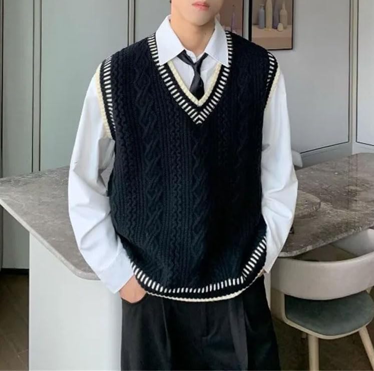 Men’S Casual Retro V-Neck Sweater Vest Loose Fit Sleeveless Pullover with Contrast Color Knit Top3