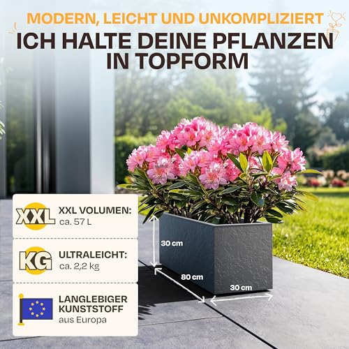 Ondis24 Pflanzkübel Vulkan, 57L Pflanzvolumen, rechteckig, Blumenkasten mit Wasserspeicher, Balkon Terrasse, Blumenkübel (Anthrazit)