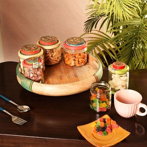 Image of AAKRITI ART CREATIONS Handcrafted Wooden Tray Set with 6 Colorful Painted Glass Jars and 2 Ceramic Cups | Dhokra Madhubani Fusion Art | Glossy Wood Tray | Kitchen & Serving Organizer