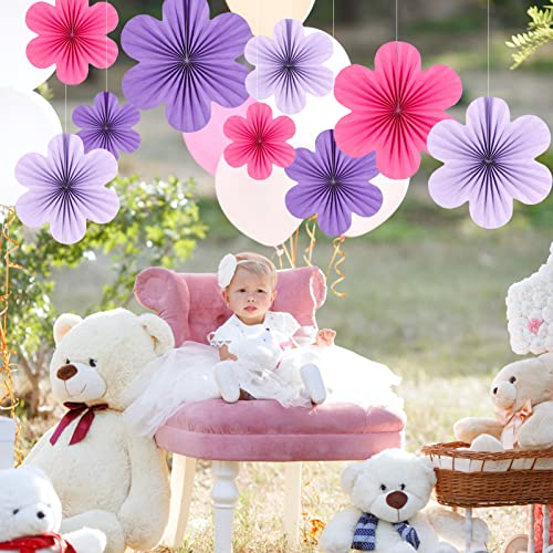 Image of SUNBEAUTY Paper Flowers Decorations for Wall, Purple and Pink for Wall Paper Flower Fan Classroom Decoration Paper Floral Backdrop Decor Paper Fans Decoration Hanging Paper Flower Wall Decor Set of 9
