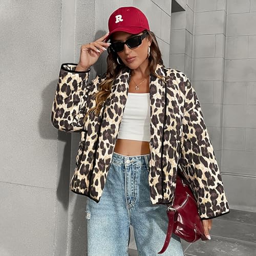 Womens Quilted Jacket Leopard Print Cropped Puffer Jacket Vintage Open Front Short Jacket Coat3