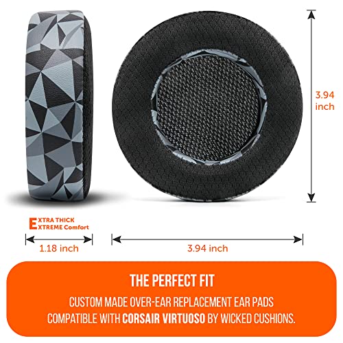 Image of WC Freeze Virtuoso - Hybrid Fabric Cooling Gel Replacement Earpads for Corsair Virtuoso Gaming Headset, Made by Wicked Cushions, Improved Durability, Thickness and Sound Isolation | (Geo Grey)