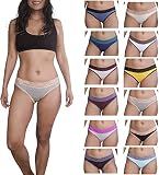 Sexy Basics Womens 12 Pack Bikini Panties Cotton-Spandex Lace Underwear/Ultra-Soft Cotton Stretch Underwear (12 Pack - Garb Bag Solid Colors w Contrast Lace, Large)