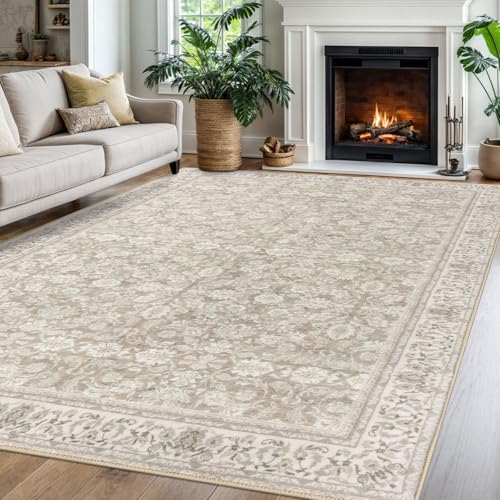 Cream Beige White Grey 6x9 Area Rug for Bedroom, Large Washable Area Rug for Living Room, Soft Vintage Rugs with Non-Slip, Non-Shedding Farmhouse Carpet for Nursery, Office, Dining Room