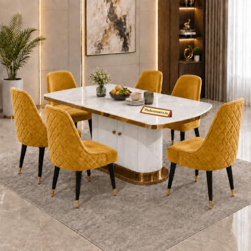 Image of 6-Seater Modern Elite Opal Storage Wooden Dining Table Set | 2 Year Warranty | Created Italian Statuario Marble Top | Elegant Composite Marble Table with 6 Chairs (Yellow)