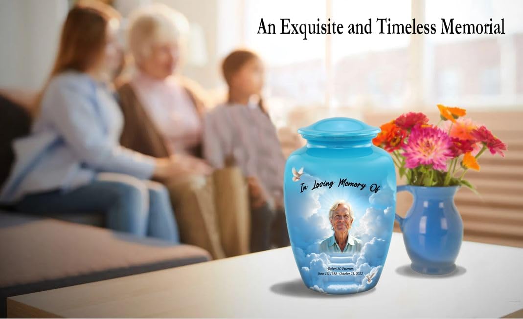 Personalized Photo Print Urn - Custom Photo Cremation Urns for Human Ashes - Full Size Funeral Urns for Man and Women - Decorative Picture Memorial Urn for Ashes Upto 210 lbs (Blue, Large)