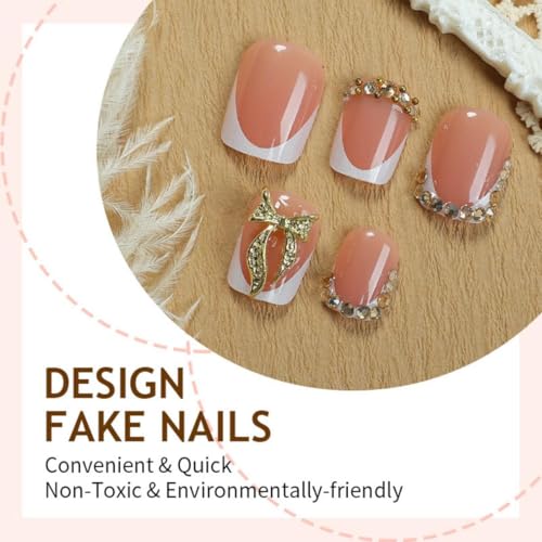 Image of Bow Press on Nails White Nail Press ons with Gold Rhinestone Design French Tip Glue on Nails Short Square Fake Nail Glossy Full Cover Artificial Acrylic Nude Stick on Nails for Women Manicure 24Pcs