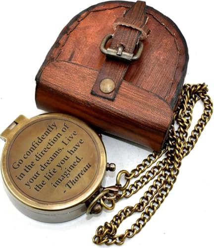 Nautical Hut Go Confidently in The Direction of Your Dreams Slogan Engraves Locket Compass Engraved Pocket Gift Compass, Navigational Directional Hiking with Leather Carry Case.