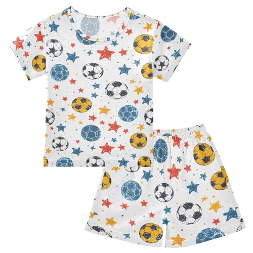 ALAZA Soccer Star White Pajamas Set Short Sleeve Cotton Sleepwear Summer Pjs 2 Piece 5-14Y