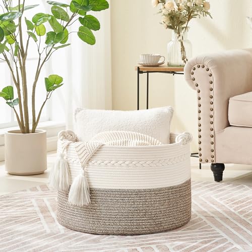 Image of KAKAMAY Large Blanket Basket (20 inchx13 inch),Woven Baskets for storage Baby Laundry Hamper, Cotton Rope Blanket Basket for Living Room, Laundry, Nursery, Pillows, Baby Toy chest (White /Beige)