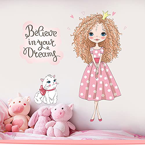 Image of Adorable Girl Cat & Quote Wall Stickers for Kids Room Bedroom Living Room Door Study Boho Nursery Wall Decoration Wall Sticker for Baby Girl Room Bedroom Nursery Playroom Decor-Self-Adhesive
