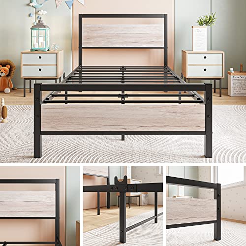 Image of BOFENG Twin Bed Frame with Wood Headboard Farmhouse Bed,Heavy Duty Metal Platform Bed Frames No Box Spring Needed,Firm Mattress Foundation Steel Slat Support Easy Assembly(Natural Oak)