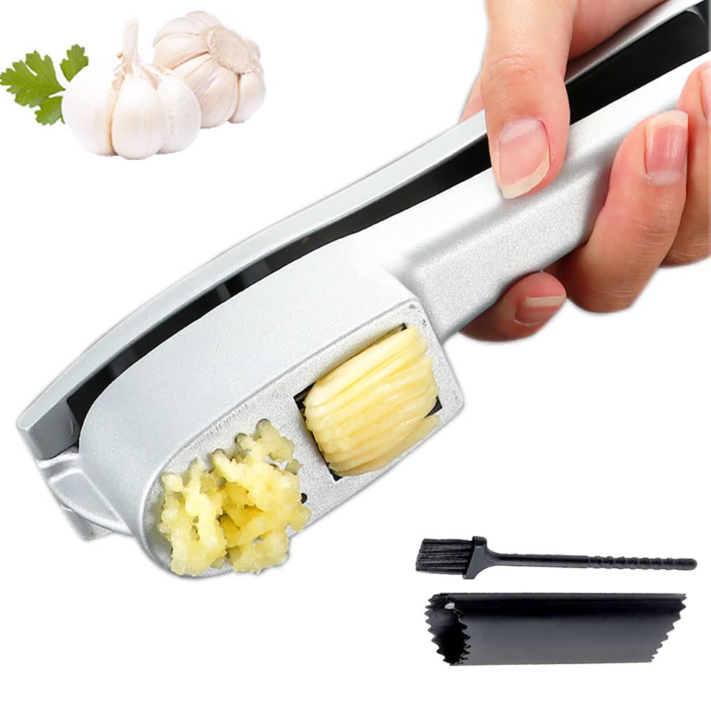 OFTUZ Garlic Press, 2 in 1 Garlic Mincer & Garlic Slicer with Silicone Tube Peeler Set & Cleaner Brush, Garlic Mincing Kitchen Tool, Safe and Easy Clean