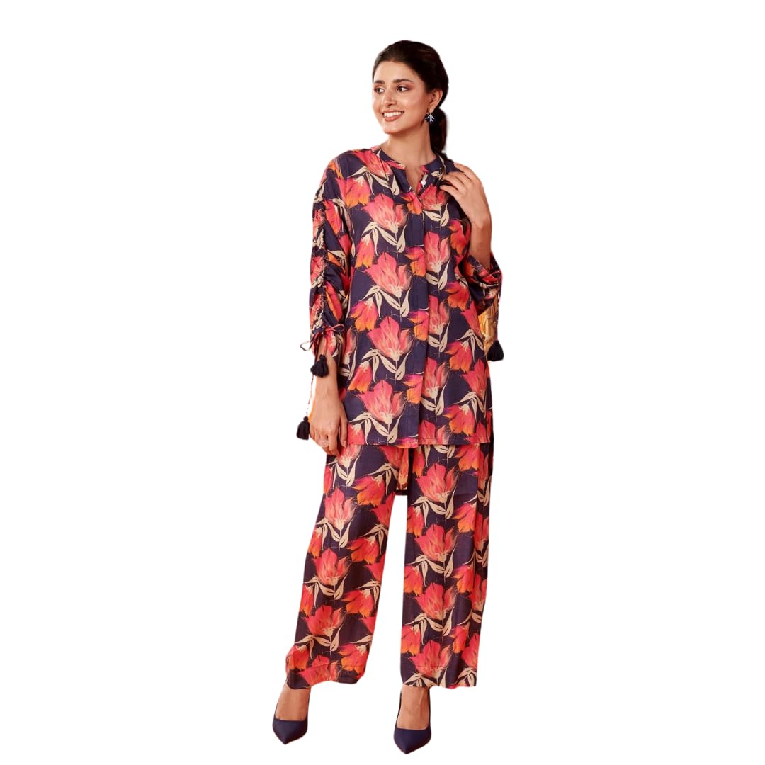 Nainvish Women's Blue & Rose Red Floral Printed Straight Cotton Blend V-Neck Co-Ord Set (Sd668_Kb-Xxl)