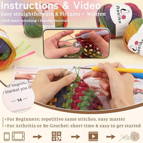Image of Aeelike Crochet Blanket Kit for Adults,Vedio Tutorial,Wool Yarn 10 Skeins | Wool Blend Yarn,Vintage Ombre Rainbow,Step-by-Step Tutorial,Make a Warm Cozy Blanket, Ideal Craft Gift for Crochet Lovers