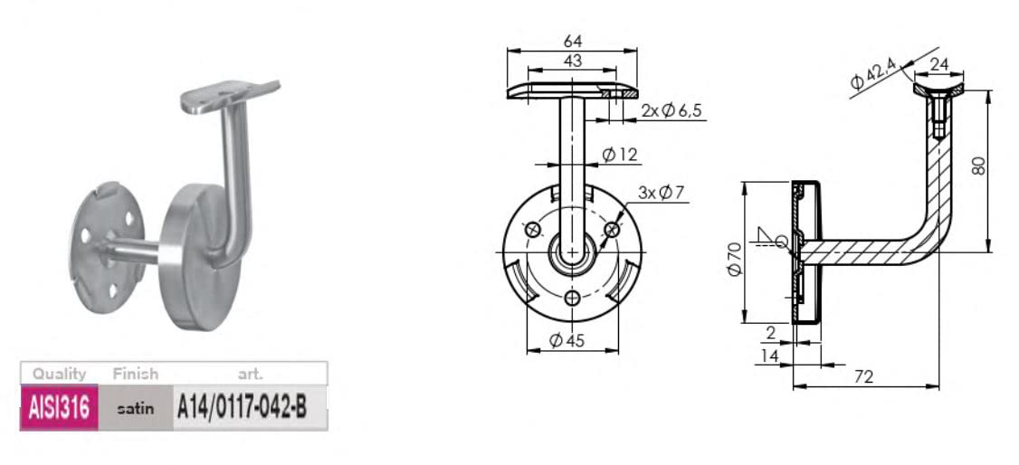 SOSTEGNO CORRIMANO INOX AISI 316 SATINATO, CON PIASTRA A TRE FORI E ROSETTA AD INCASTRO - PER TUBO Ø42,4 MM